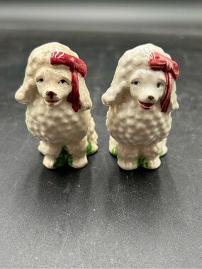Vintage Ceramic standard Poodle Salt & Pepper Shakers - White with Red Bows